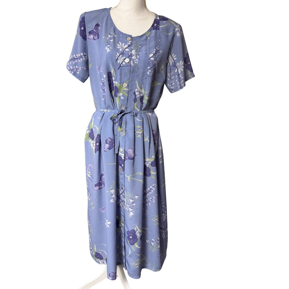 Vintage Blue Floral Midi Dress Button Front Tie Waist Cottagecore L Butterfly